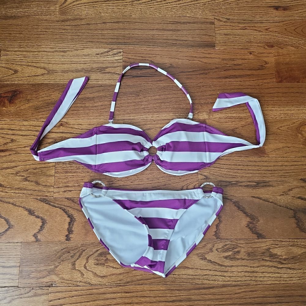 Purple & White bikini, XL top, Medium bottom